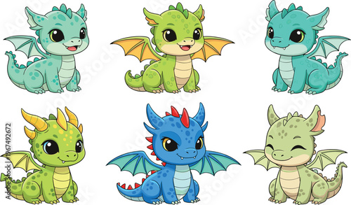 Cute Baby Dragon Character Set with Colorful Wings and Playful Expressions for Fantasy, Kids, and Animation Illustrations