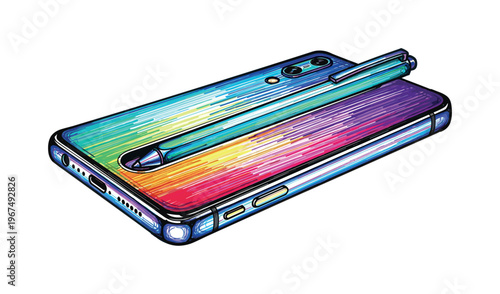 Colorful smartphone with stylus attachment, digital art illustration