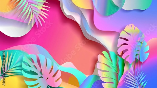 Colorful Leaves on a Bright Background With Rainbow Stripes and a Vibrant Design in Art