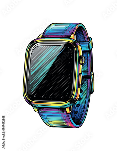 Modern rectangular smartwatch with a vibrant, colorful iridescent band and case