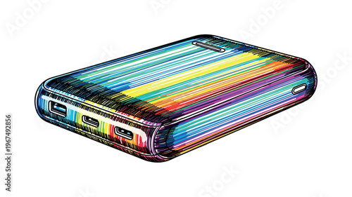 Colorful portable power bank with USB-C and USB-A ports, modern design