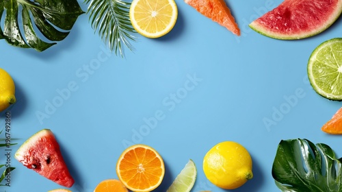 Fresh Fruits and Leaves Arranged on a Blue Background for a Summer Themed Set...