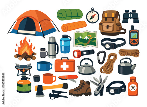 Collection of essential gear and supplies for camping, hiking, and travel, illustrating readiness for outdoor activities