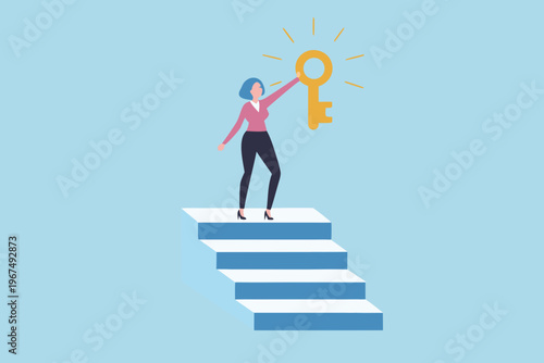 Woman reaching for a golden key atop a staircase symbolizing success