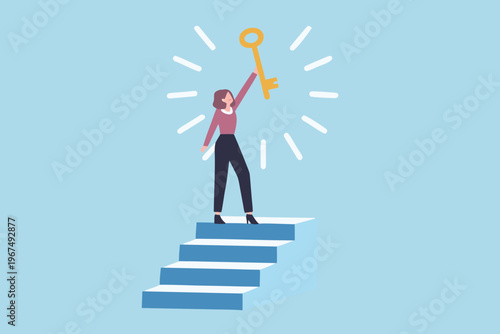 Woman reaching for a golden key atop a set of ascending stairs