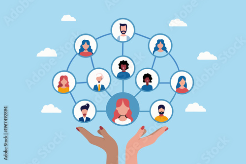 Diverse group of people connected in a network supported by hands