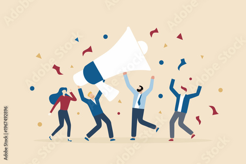 People celebrating success with a megaphone and falling confetti