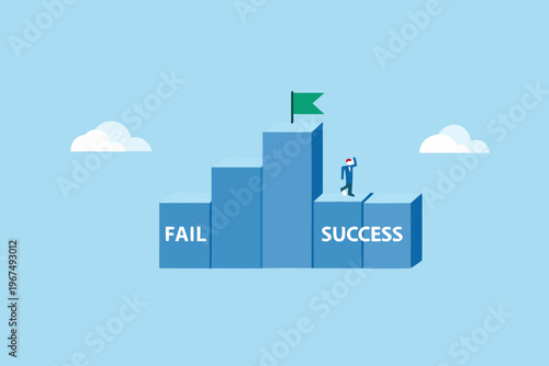 A businessman reaches the top of a bar graph symbolizing success