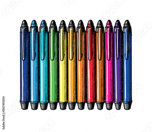 Collection of colorful stylus pens arranged in a rainbow spectrum, ready for use