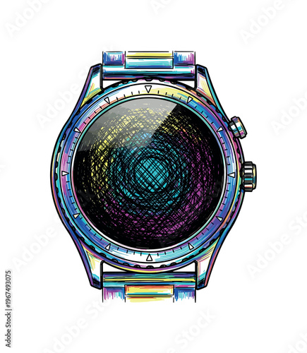 Colorful smartwatch with a metallic band and abstract digital display