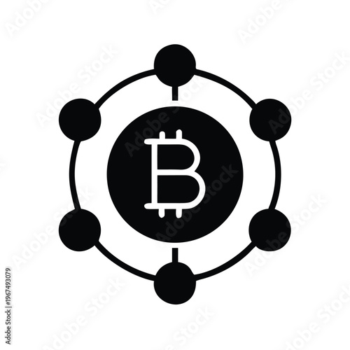 A stylized black and white icon depicting a Bitcoin symbol surrounded by connected nodes.