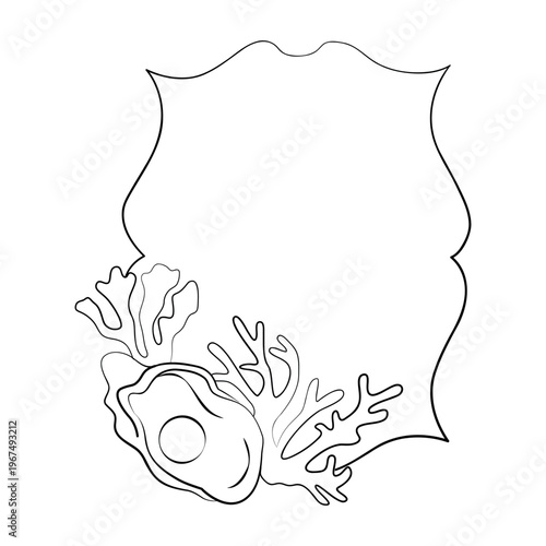 Hand-drawn frame template with sea treasures, shell, corals, pearl oyster graphic illustration for wedding decor, cards, menu