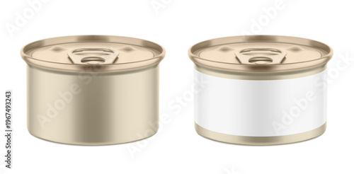 Hight realistic can mockups for preserved food, pet food. Vector illustration isolated on white background. Easy to use for presentation your product, idea, design. EPS10.