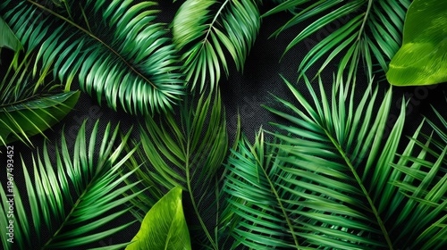 Green Leaves and Palm Fronds Arranged on a Dark Surface in a Natural Layout for Design Elements
