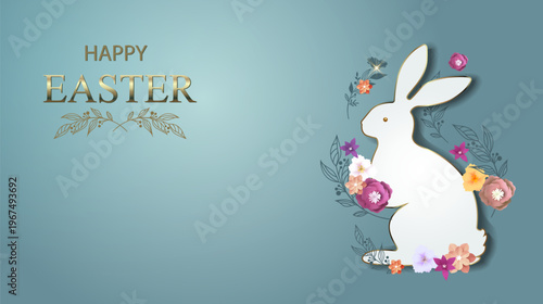 White silhouette of an Easter bunny surrounded by bright flowers and leaves. "Happy Easter" banner, postcard. in delicate pastel colors