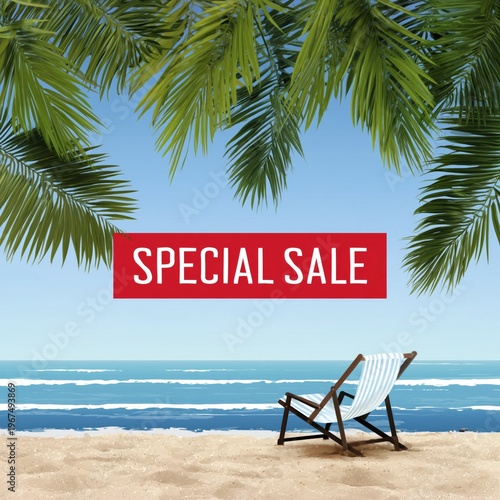 Special Sale Announcement in a Tropical Beach Setting With Palm Trees and a C...