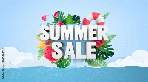 Summer Sale Announcement With Colorful Palm Leaves and Flowers in a Vibrant D...