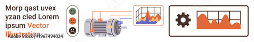 Industry automation, data monitoring, efficiency tools, maintenance systems, performance analysis, technical processing. Illustrated engine setup and graphs. Industry automation, data monitoring