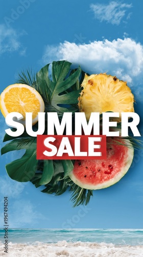 Promotional Banner Shows Summer Sale With Tropical Fruits and Blue Sky