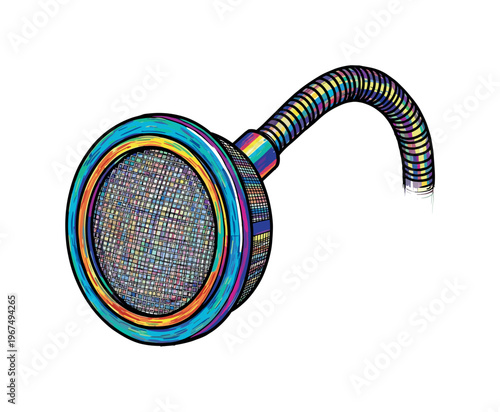 Colorful pop filter with circular mesh and flexible hose on white background