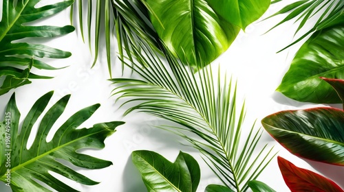 Collection of Green Leaves Arranged on a White Surface Showcasing Tropical Plant Varieties