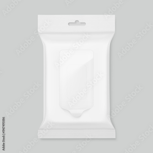 Wet wipes flow package mockup with realistic flap and hang slot. Vector illustration isolated on grey background. Can be use for your design, promo, adv and etc. EPS10.