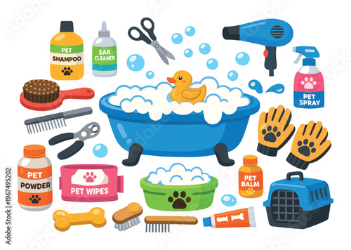Various pet grooming items illustrating animal bathing, cleaning, and beauty routines, providing care for pets at home or in a salon
