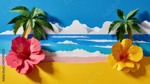 Colorful Paper Cut Art Shows Sunset Over Ocean With Palm Trees and Flowers in...
