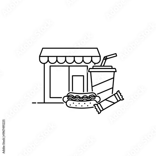 Fast food shop with hot dog, drink, and snack on display  