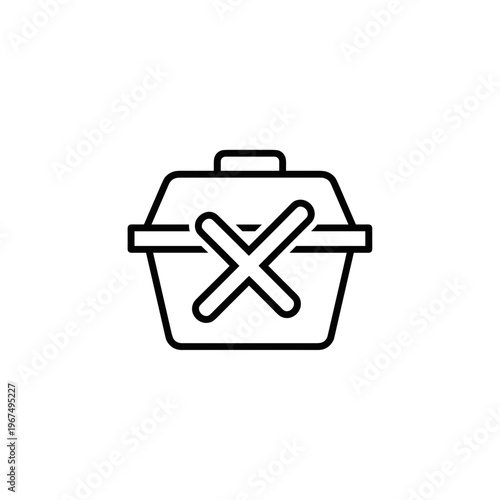 Line art of a takeout container with a cancel symbol inside  