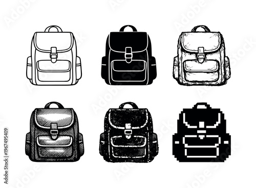 Backpack Style Variations. Classic school backpack with flap pocket and top handle designed for carrying textbooks | Create ONE