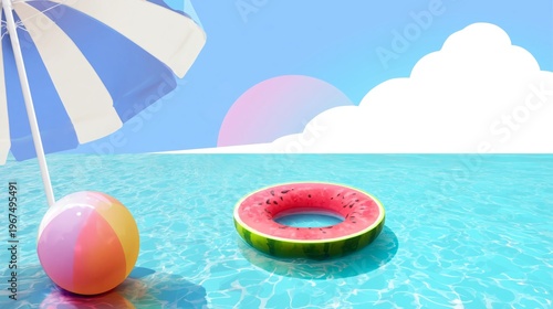 Colorful Beach Items by the Pool on a Sunny Day Near the Ocean