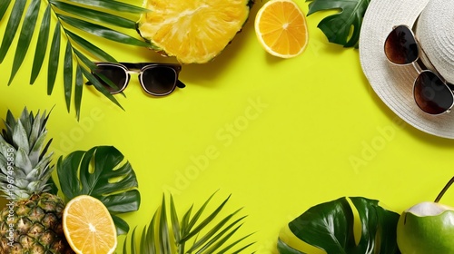 Bright Yellow Background With Tropical Fruits and Sunglasses Arranged in a Fu...