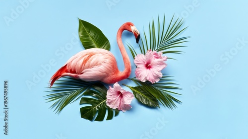Flamingo Stands Among Green Leaves and Pink Flowers on a Bright Blue Background