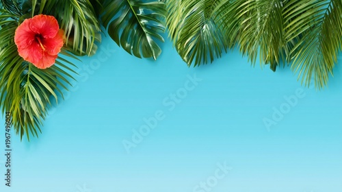 Colorful Flowers and Fruits Arranged on a Blue Background With Tropical Leaves in a Creative Layout