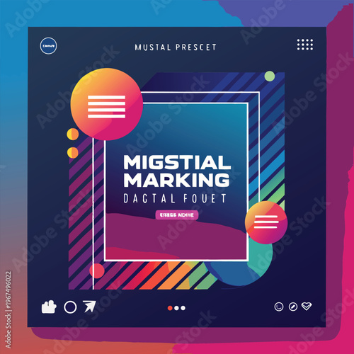 Vibrant colorful social media post template with geometric shapes and text