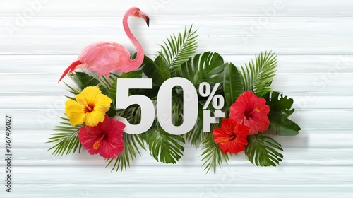 Bright Flowers and a Flamingo With a Discount Sign Displayed on a White Woode...