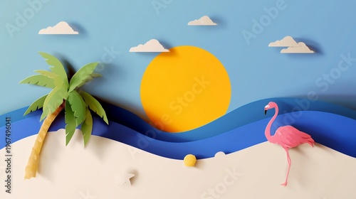 Colorful Paper Art Landscape With Sun, Waves, and Palm Trees in a Tropical Se...