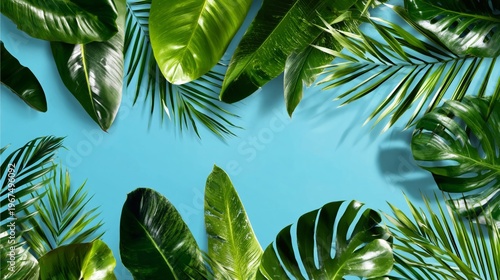 Bright Green Leaves Surround a Blue Background Creating a Tropical Atmosphere During Daylight Hours