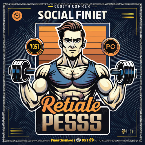 Muscular man lifting dumbbells in a graphic illustration design