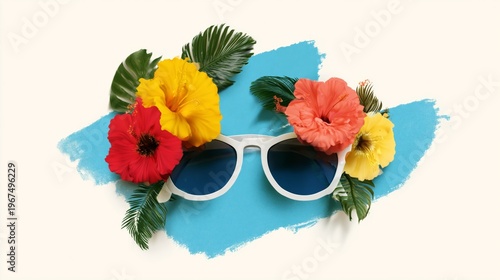 Sunglasses With Colorful Flowers on a Blue Background During Summer