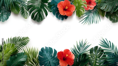 Green Leaves Border on White Background for Design and Decoration Purposes in Nature Theme Layout