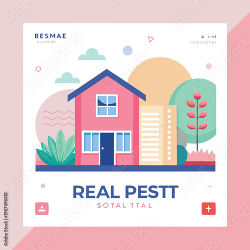 Colorful illustration of house with blue roof and plants around