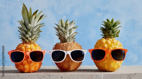 Pineapples Wear Sunglasses and Stand Next to a Coconut on a Wooden Table