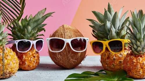 Pineapples Wear Sunglasses and Stand Next to a Coconut on a Wooden Table