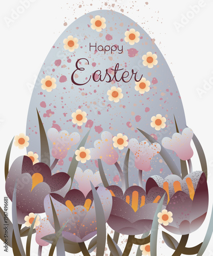 Easter Greeting Card with Floral Egg and Spring Flowers Illustration