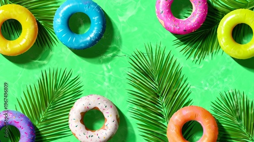 Colorful Pool Floats and Tropical Leaves on a Bright Green Background During Summer Fun Time