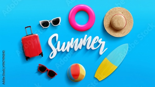Colorful Summer Items Arranged on a Blue Background With a Focus on Fun Activ...