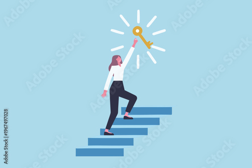 Woman reaching for a golden key atop a set of ascending stairs