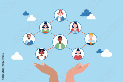Diverse group of people connected within a network held by hands
